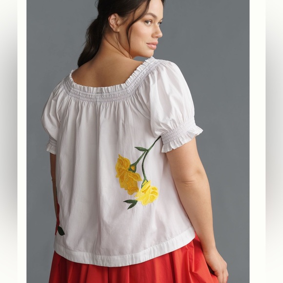 Nwt puffed sleeve tie front embroidered blouse anthro - Picture 8 of 10